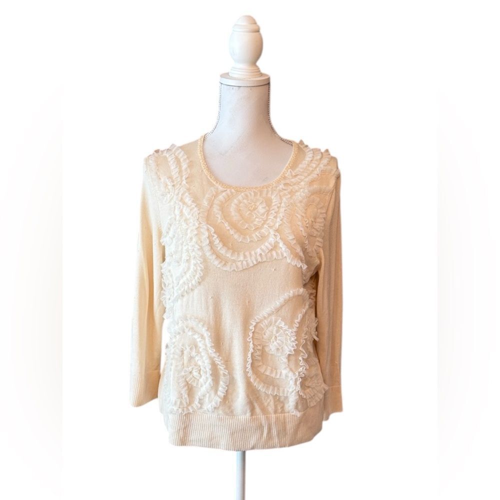 BELFORD Silk Blend Beaded Rosette Ruffle 3D Floral Textured Top